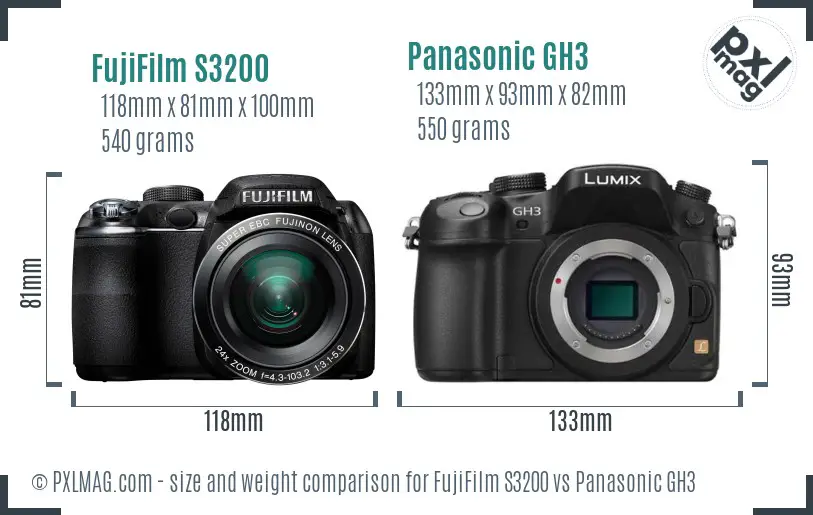 FujiFilm S3200 vs Panasonic GH3 size comparison