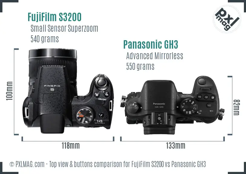 FujiFilm S3200 vs Panasonic GH3 top view buttons comparison