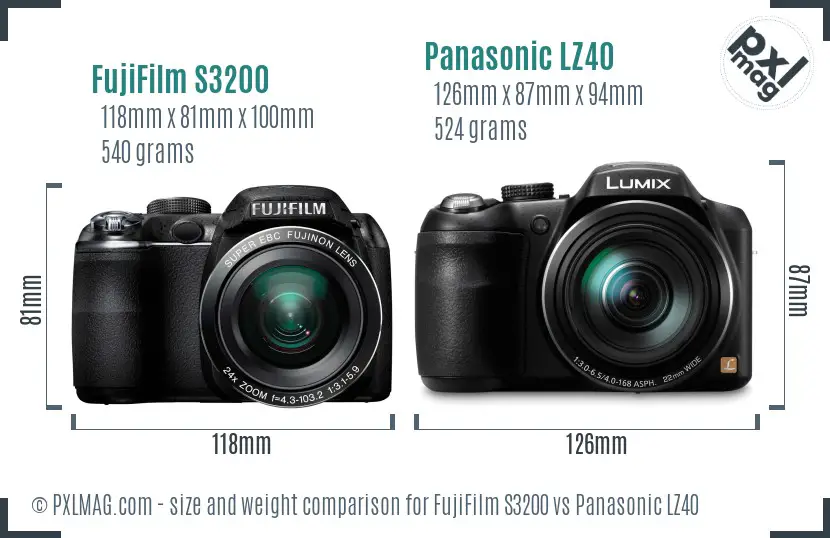 FujiFilm S3200 vs Panasonic LZ40 size comparison FujiFilm S3200 vs Panasonic LZ40 size comparison