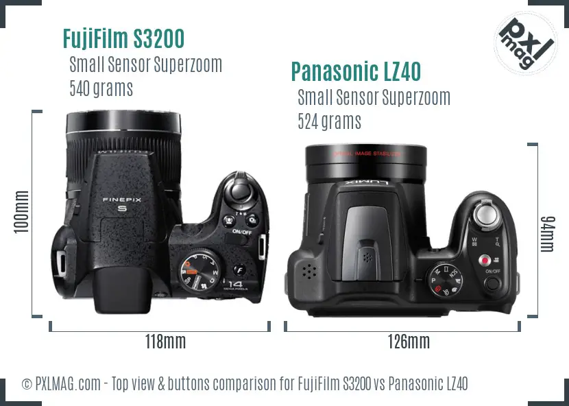 FujiFilm S3200 vs Panasonic LZ40 top view buttons comparison FujiFilm S3200 vs Panasonic LZ40 top view buttons comparison