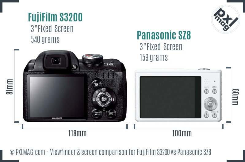 FujiFilm S3200 vs Panasonic SZ8 Screen and Viewfinder comparison