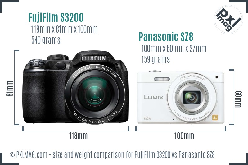 FujiFilm S3200 vs Panasonic SZ8 size comparison