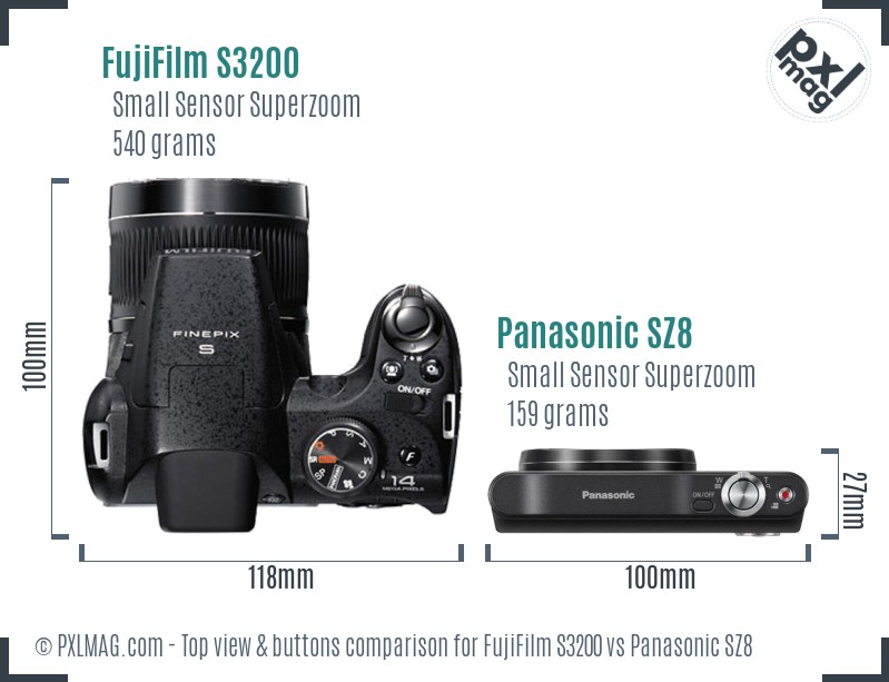 FujiFilm S3200 vs Panasonic SZ8 top view buttons comparison