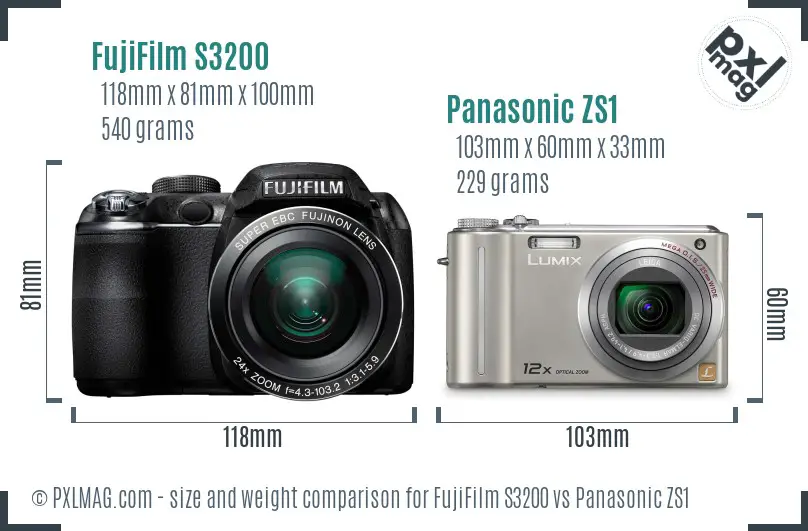 FujiFilm S3200 vs Panasonic ZS1 size comparison