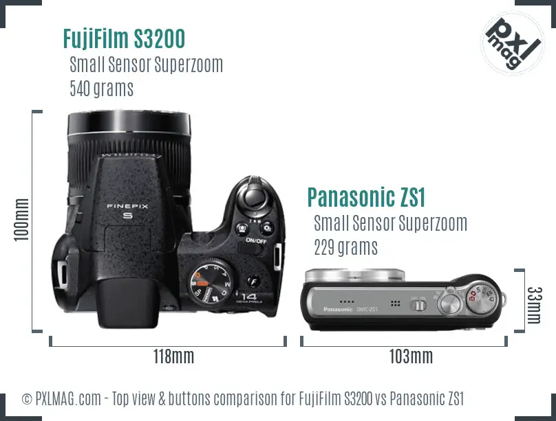 FujiFilm S3200 vs Panasonic ZS1 top view buttons comparison