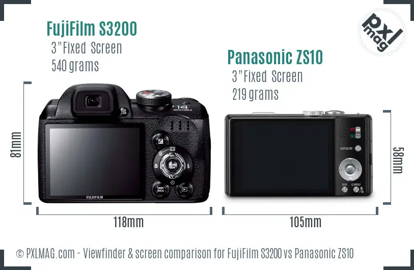 FujiFilm S3200 vs Panasonic ZS10 Screen and Viewfinder comparison