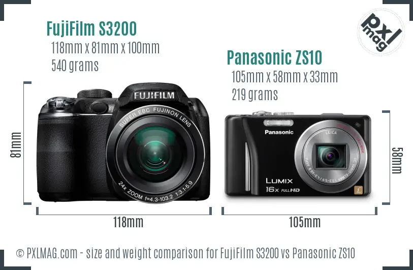 FujiFilm S3200 vs Panasonic ZS10 size comparison