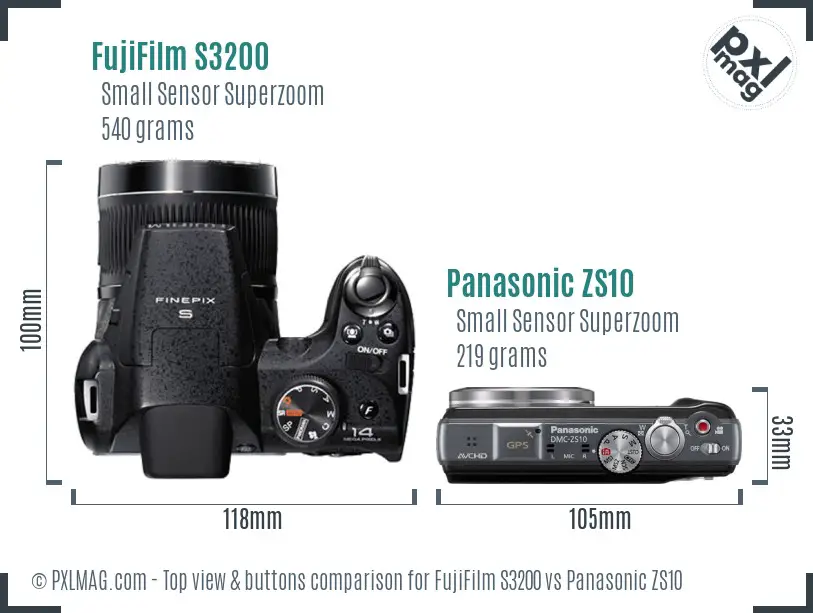 FujiFilm S3200 vs Panasonic ZS10 top view buttons comparison