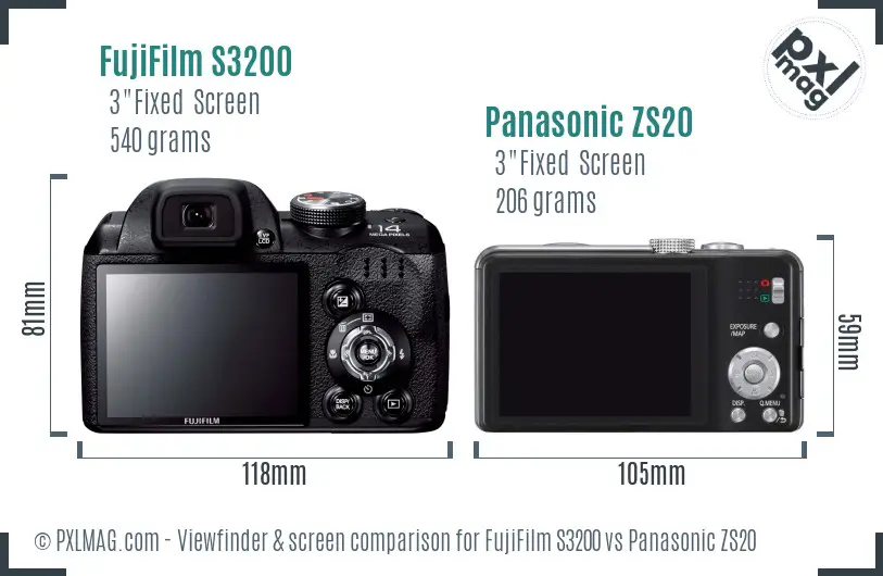 FujiFilm S3200 vs Panasonic ZS20 Screen and Viewfinder comparison