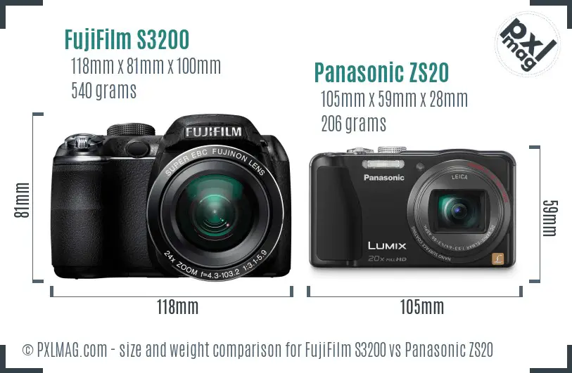 FujiFilm S3200 vs Panasonic ZS20 size comparison