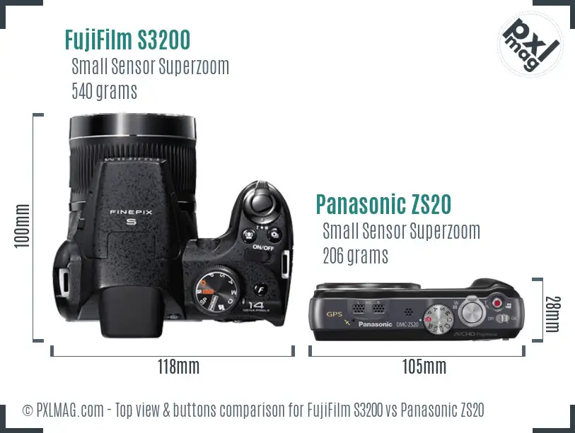 FujiFilm S3200 vs Panasonic ZS20 top view buttons comparison