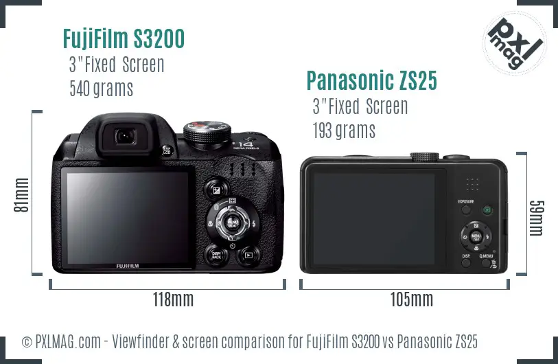 FujiFilm S3200 vs Panasonic ZS25 Screen and Viewfinder comparison