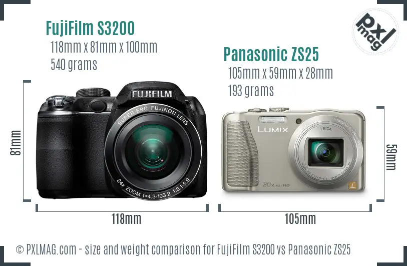 FujiFilm S3200 vs Panasonic ZS25 size comparison