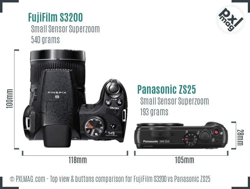 FujiFilm S3200 vs Panasonic ZS25 top view buttons comparison