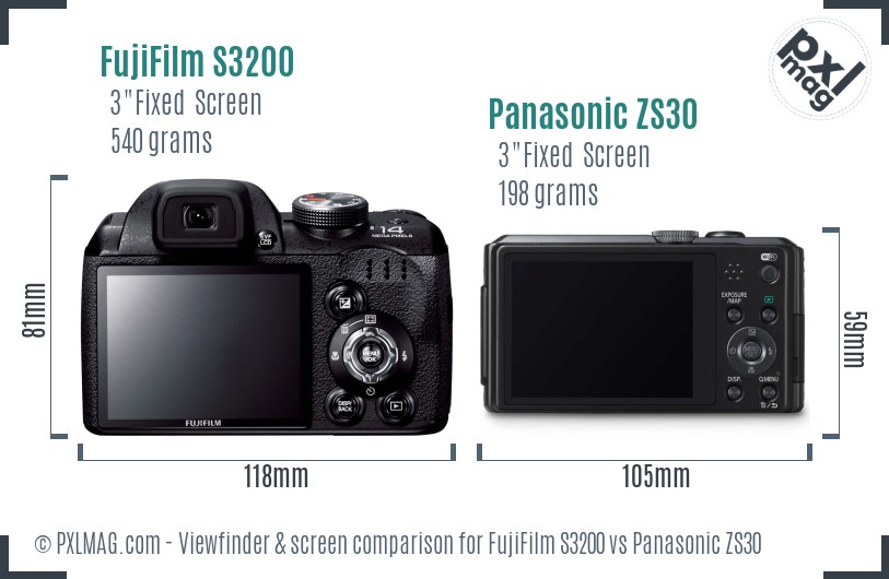 FujiFilm S3200 vs Panasonic ZS30 Screen and Viewfinder comparison