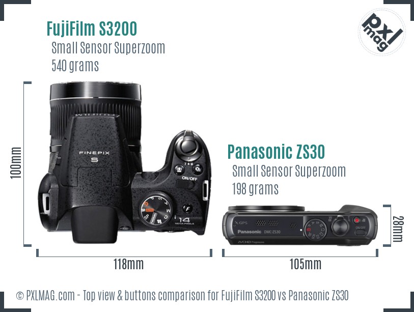 FujiFilm S3200 vs Panasonic ZS30 top view buttons comparison
