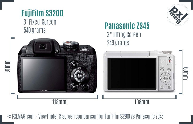 FujiFilm S3200 vs Panasonic ZS45 Screen and Viewfinder comparison