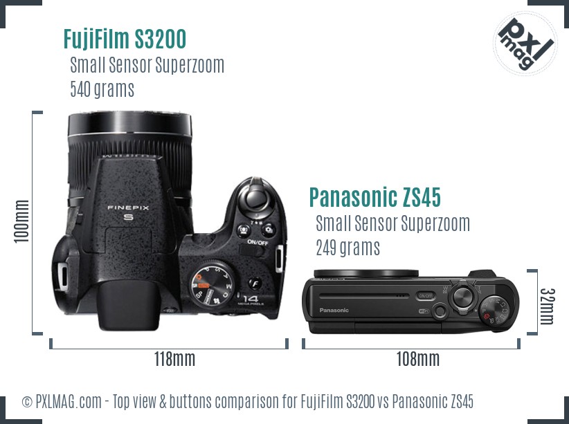 FujiFilm S3200 vs Panasonic ZS45 top view buttons comparison