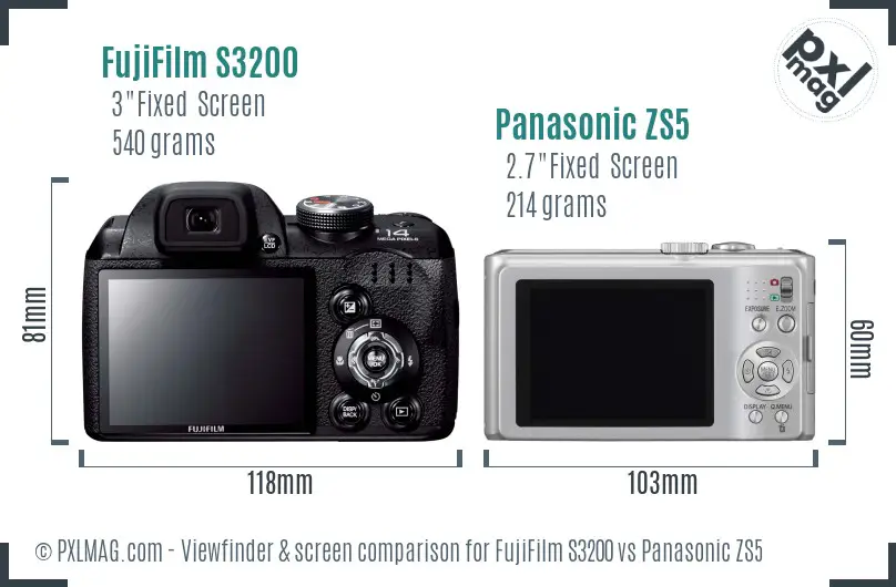 FujiFilm S3200 vs Panasonic ZS5 Screen and Viewfinder comparison