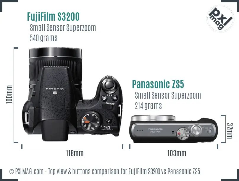 FujiFilm S3200 vs Panasonic ZS5 top view buttons comparison