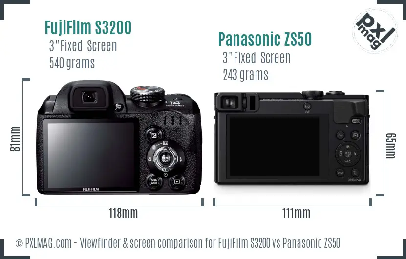 FujiFilm S3200 vs Panasonic ZS50 Screen and Viewfinder comparison