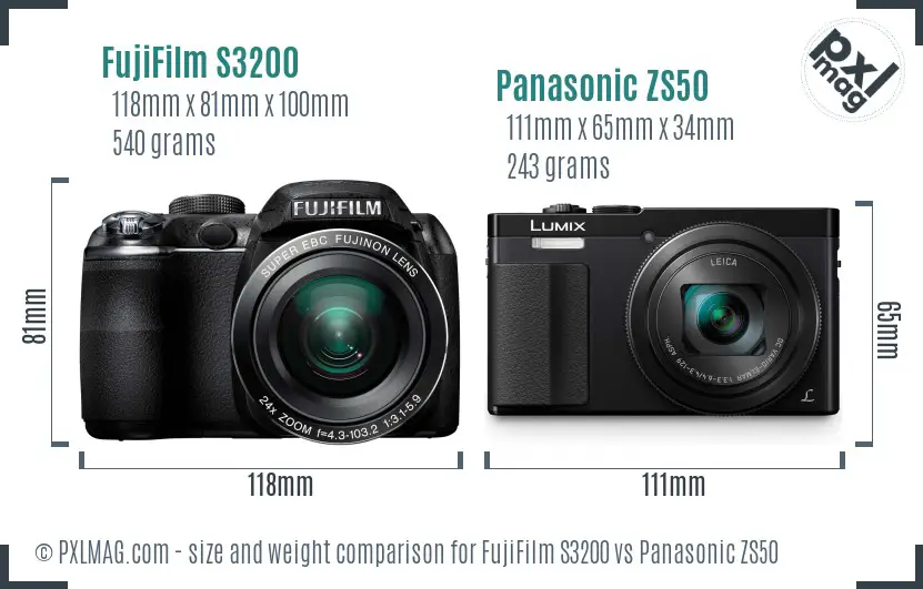 FujiFilm S3200 vs Panasonic ZS50 size comparison