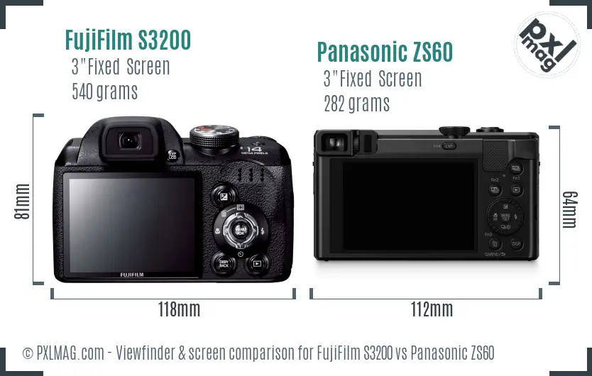 FujiFilm S3200 vs Panasonic ZS60 Screen and Viewfinder comparison
