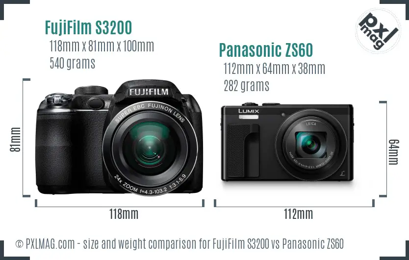 FujiFilm S3200 vs Panasonic ZS60 size comparison