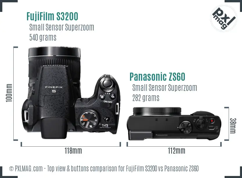 FujiFilm S3200 vs Panasonic ZS60 top view buttons comparison