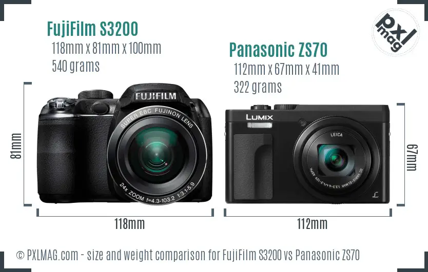 FujiFilm S3200 vs Panasonic ZS70 size comparison