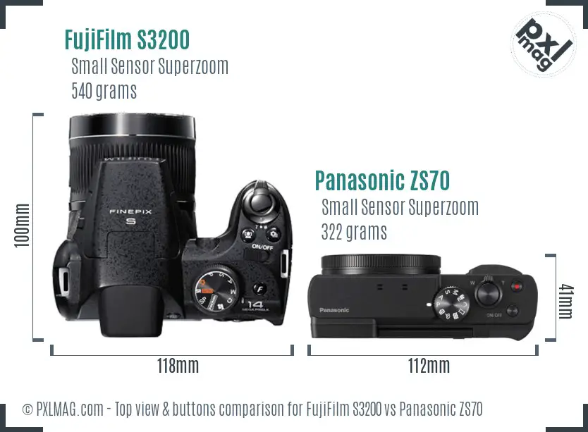 FujiFilm S3200 vs Panasonic ZS70 top view buttons comparison