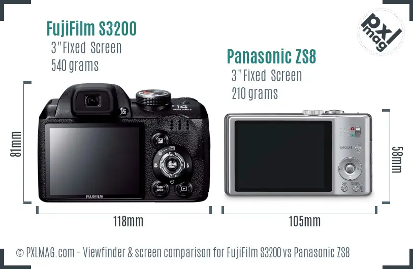 FujiFilm S3200 vs Panasonic ZS8 Screen and Viewfinder comparison