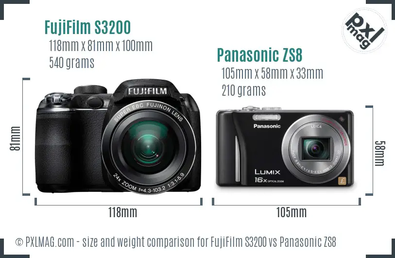 FujiFilm S3200 vs Panasonic ZS8 size comparison