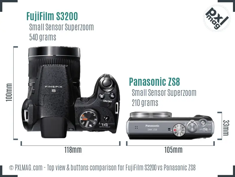 FujiFilm S3200 vs Panasonic ZS8 top view buttons comparison