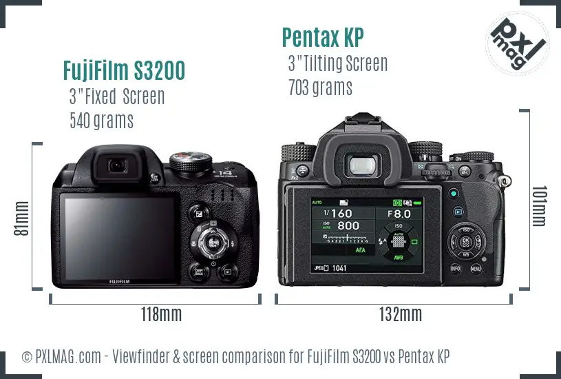 FujiFilm S3200 vs Pentax KP Screen and Viewfinder comparison