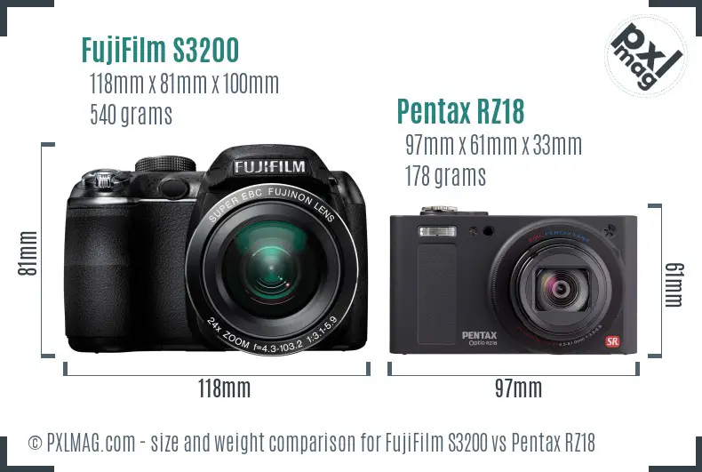 FujiFilm S3200 vs Pentax RZ18 size comparison FujiFilm S3200 vs Pentax RZ18 size comparison