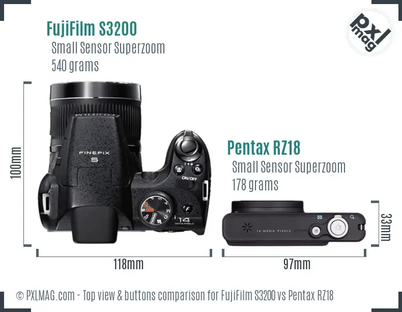 FujiFilm S3200 vs Pentax RZ18 top view buttons comparison FujiFilm S3200 vs Pentax RZ18 top view buttons comparison