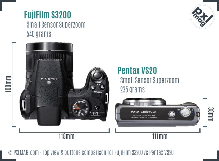 FujiFilm S3200 vs Pentax VS20 top view buttons comparison