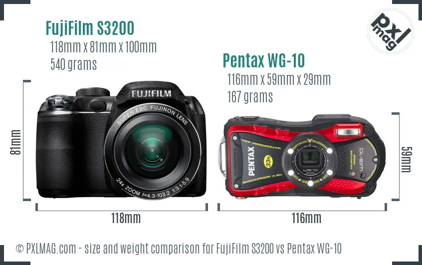 FujiFilm S3200 vs Pentax WG-10 size comparison