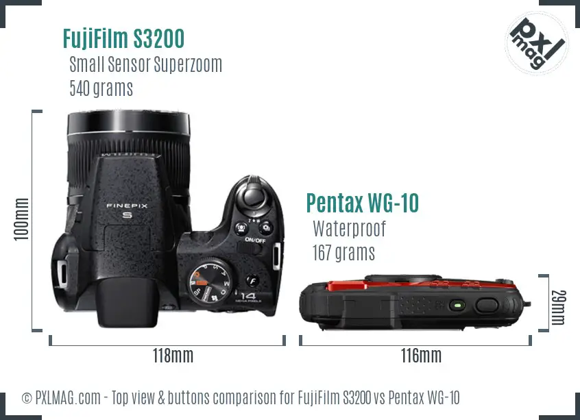 FujiFilm S3200 vs Pentax WG-10 top view buttons comparison