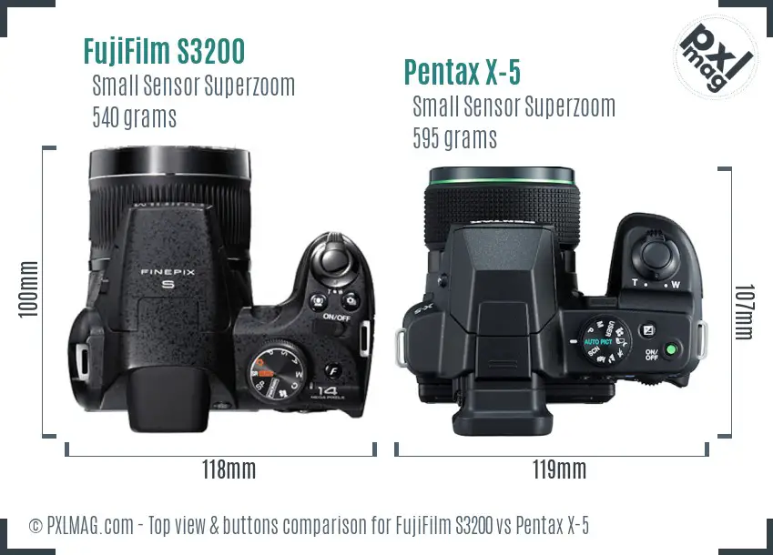 FujiFilm S3200 vs Pentax X-5 top view buttons comparison
