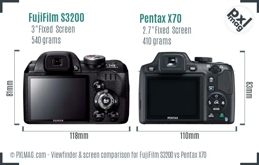 FujiFilm S3200 vs Pentax X70 Screen and Viewfinder comparison