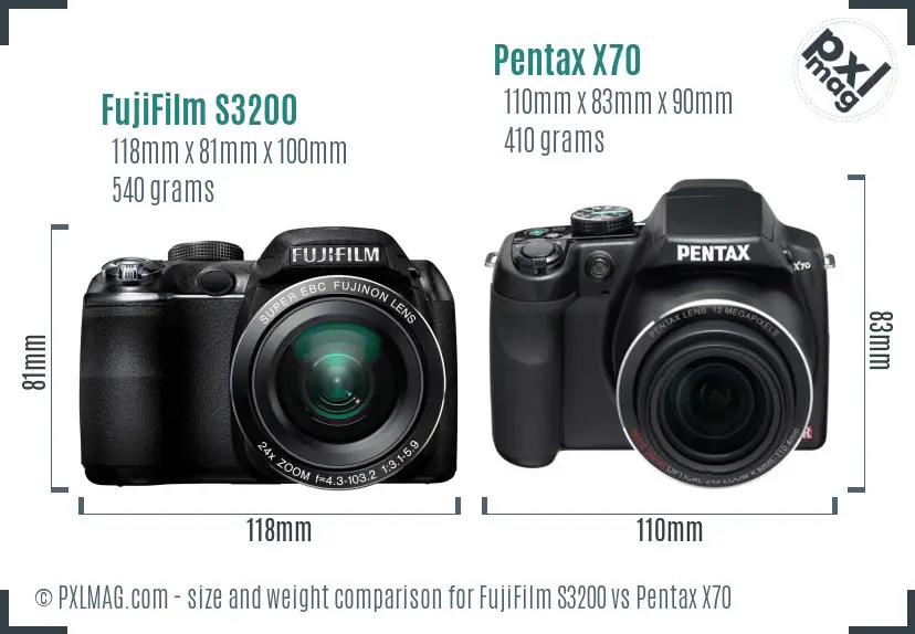 FujiFilm S3200 vs Pentax X70 size comparison