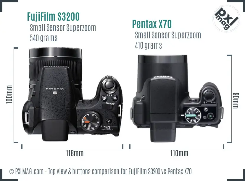 FujiFilm S3200 vs Pentax X70 top view buttons comparison