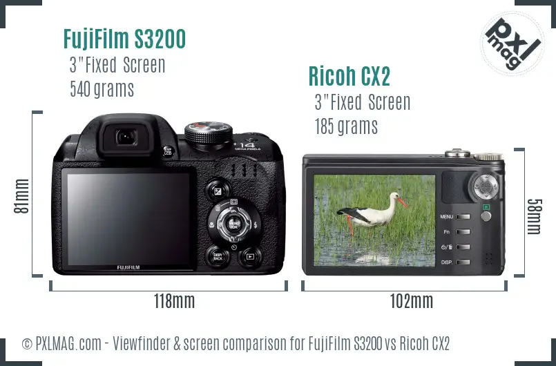 FujiFilm S3200 vs Ricoh CX2 Screen and Viewfinder comparison