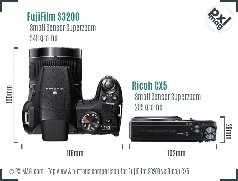 FujiFilm S3200 vs Ricoh CX5 top view buttons comparison