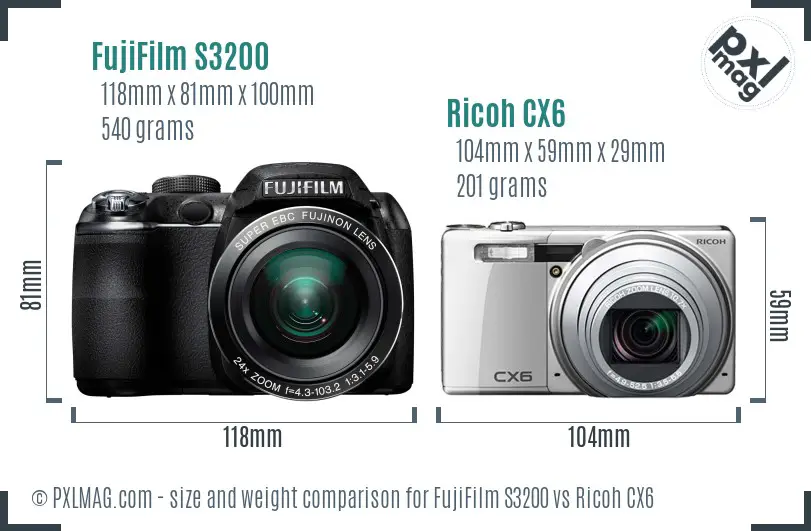 FujiFilm S3200 vs Ricoh CX6 size comparison