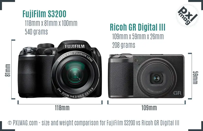 FujiFilm S3200 vs Ricoh GR Digital III size comparison