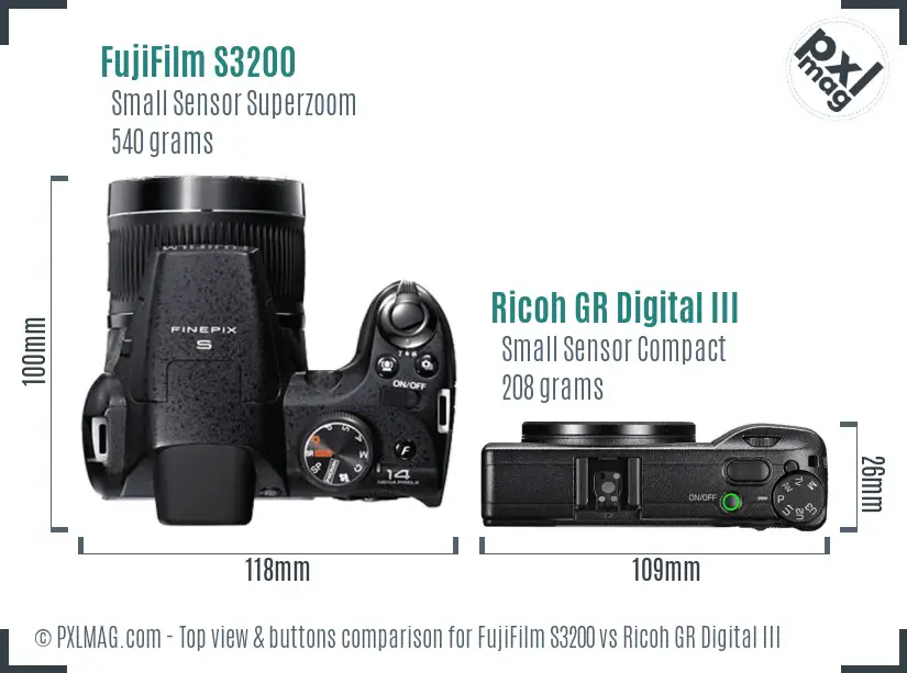 FujiFilm S3200 vs Ricoh GR Digital III top view buttons comparison