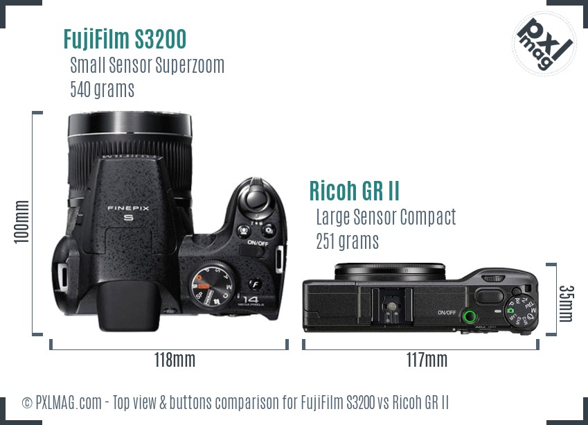 FujiFilm S3200 vs Ricoh GR II top view buttons comparison